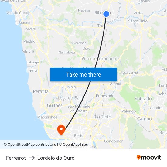 Ferreiros to Lordelo do Ouro map