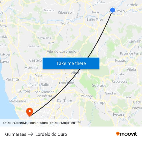 Guimarães to Lordelo do Ouro map