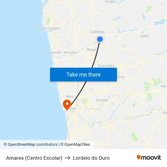 Amares (Centro Escolar) to Lordelo do Ouro map