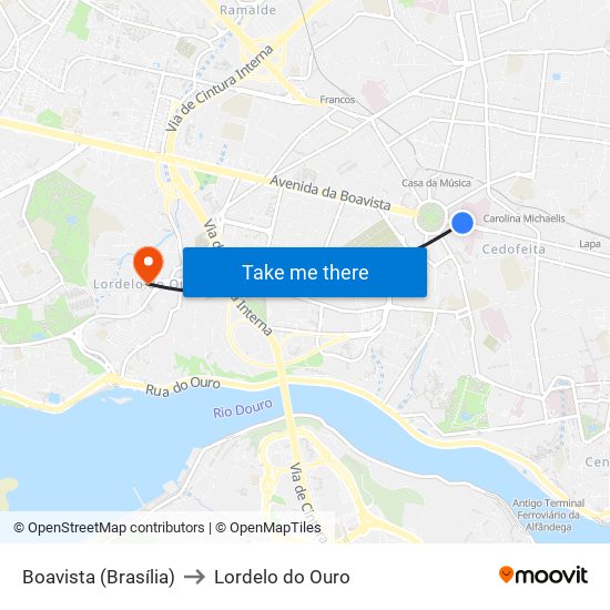 Boavista (Brasília) to Lordelo do Ouro map