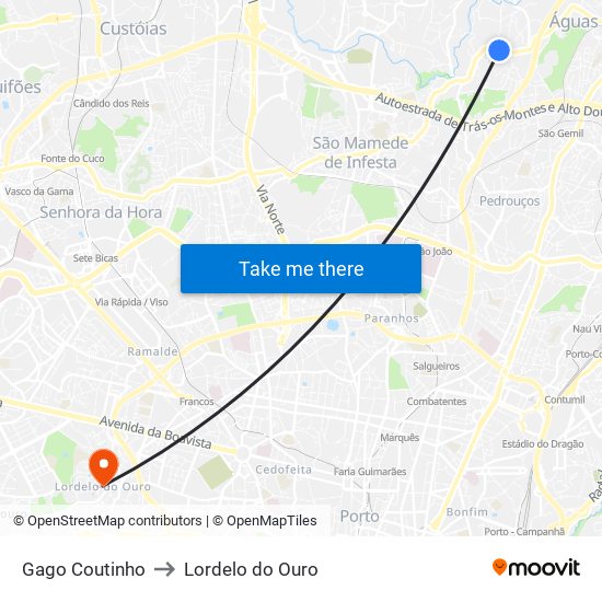 Gago Coutinho to Lordelo do Ouro map