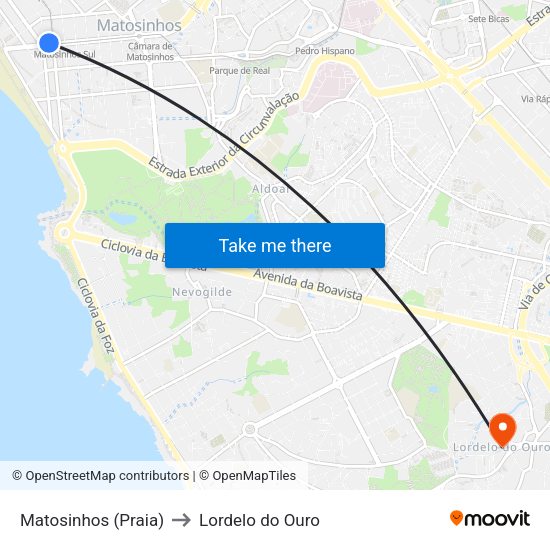 Matosinhos (Praia) to Lordelo do Ouro map