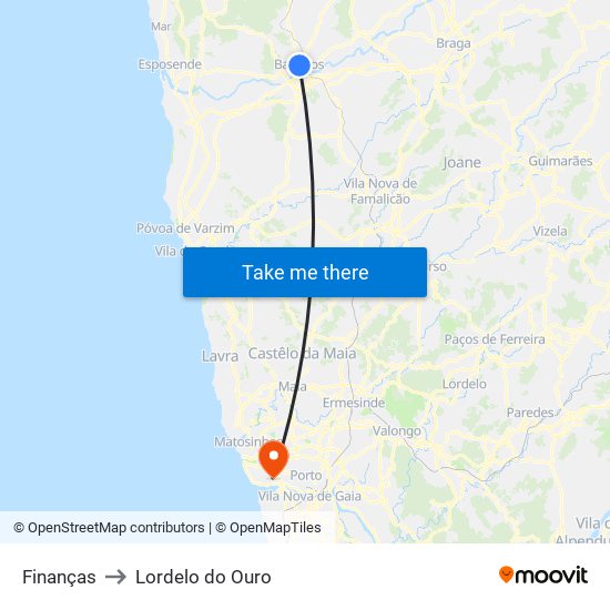 Finanças to Lordelo do Ouro map