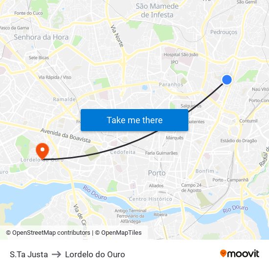 S.Ta Justa to Lordelo do Ouro map