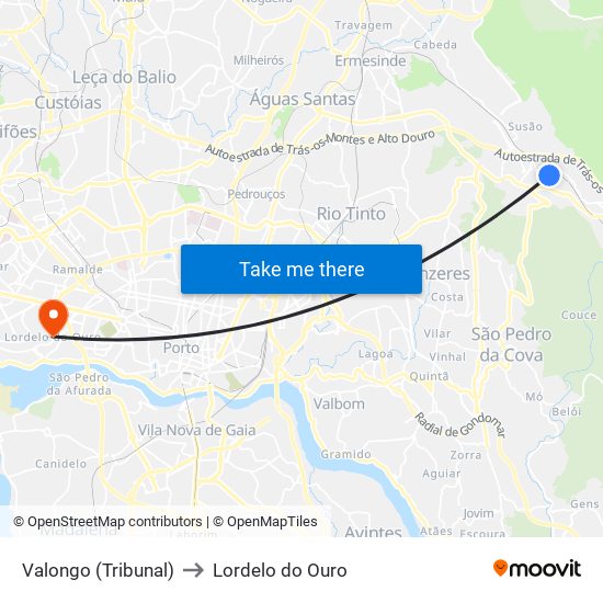 Valongo (Tribunal) to Lordelo do Ouro map
