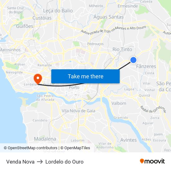 Venda Nova to Lordelo do Ouro map