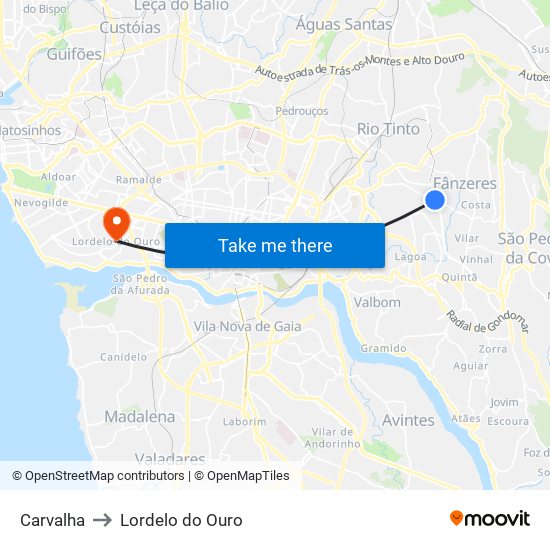 Carvalha to Lordelo do Ouro map