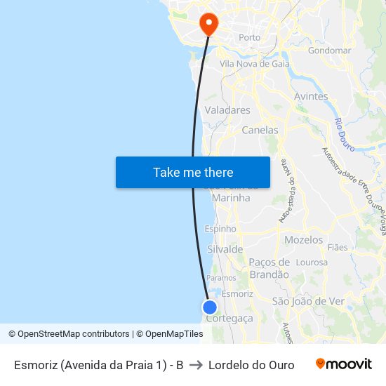 Esmoriz (Avenida da Praia 1) - B to Lordelo do Ouro map