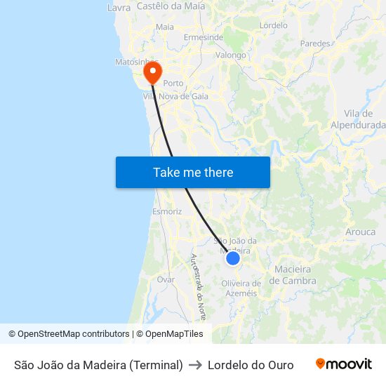 São João da Madeira (Terminal Rodoviário) to Lordelo do Ouro map