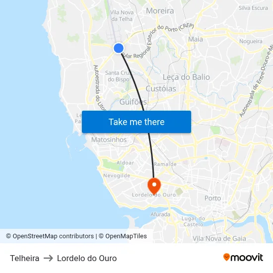 Telheira to Lordelo do Ouro map