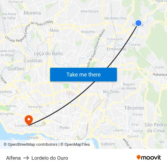 Alfena to Lordelo do Ouro map
