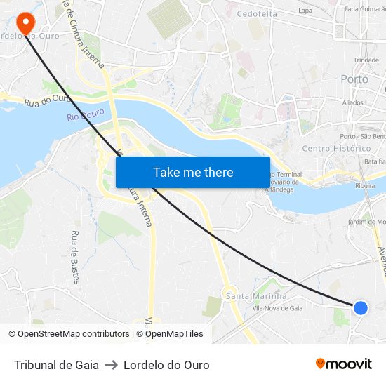 Tribunal de Gaia to Lordelo do Ouro map