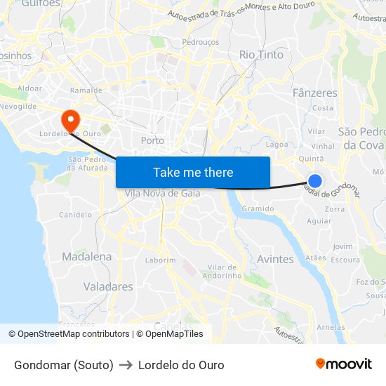 Gondomar (Souto) to Lordelo do Ouro map