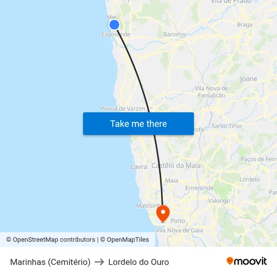 Marinhas (Cemitério) to Lordelo do Ouro map