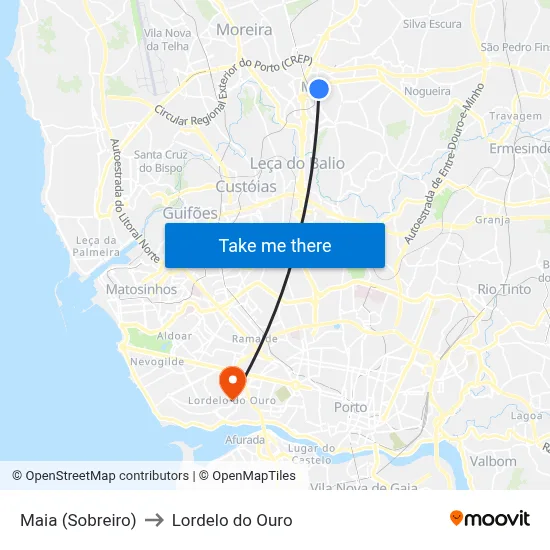 Maia (Sobreiro) to Lordelo do Ouro map