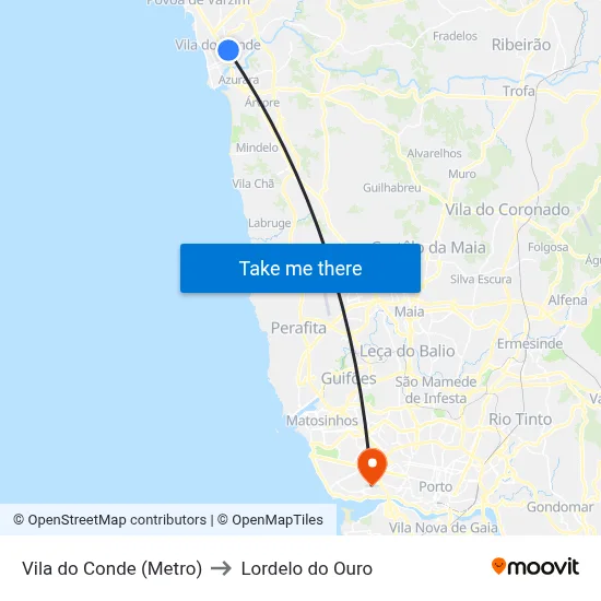 Vila do Conde (Metro) to Lordelo do Ouro map