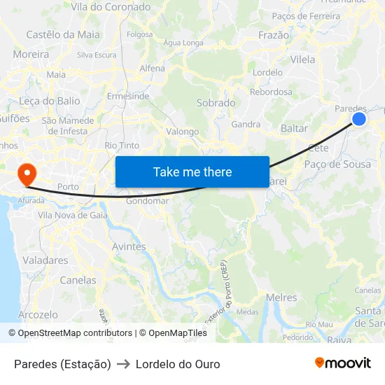 Paredes (Estação) to Lordelo do Ouro map