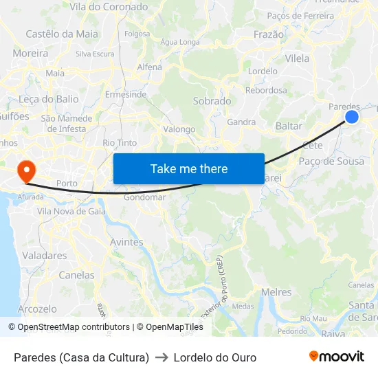 Paredes (Casa da Cultura) to Lordelo do Ouro map