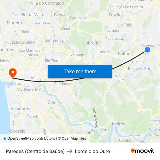 Paredes (Centro de Saúde) to Lordelo do Ouro map