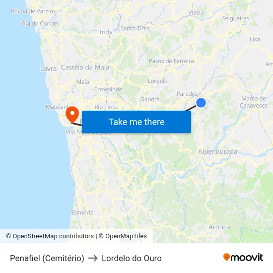 Penafiel (Cemitério) to Lordelo do Ouro map