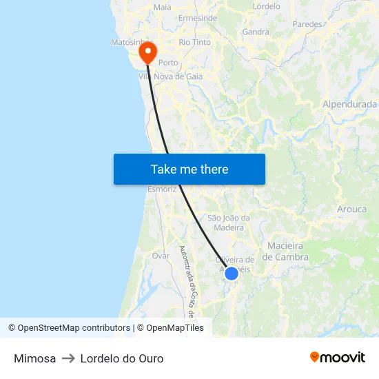 Mimosa to Lordelo do Ouro map