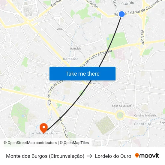 Monte dos Burgos (Circunvalação) to Lordelo do Ouro map