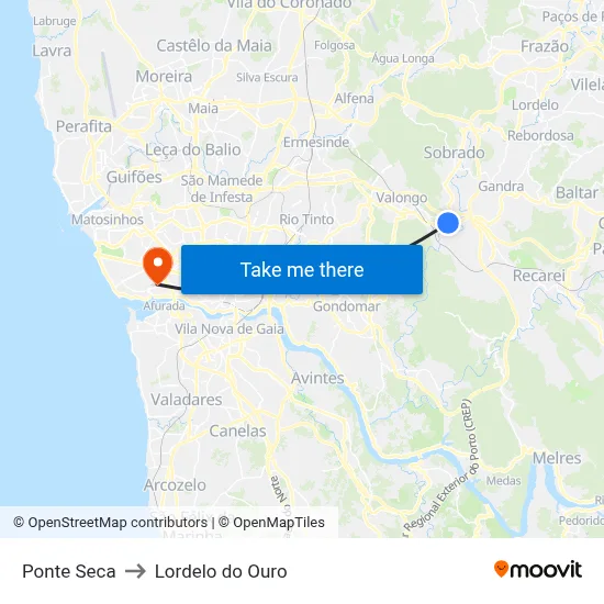 Ponte Seca to Lordelo do Ouro map