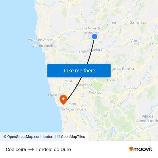Codiceira to Lordelo do Ouro map