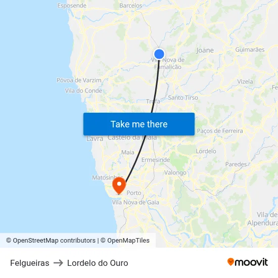 Felgueiras to Lordelo do Ouro map