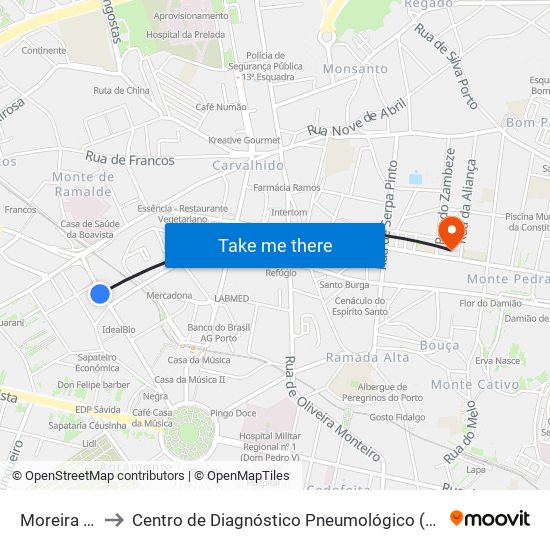 Moreira Sá to Centro de Diagnóstico Pneumológico (Bcg) map