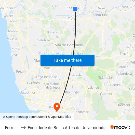 Ferreiros to Faculdade de Belas Artes da Universidade do Porto map