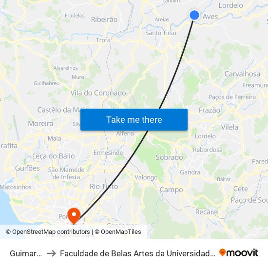 Guimarães to Faculdade de Belas Artes da Universidade do Porto map