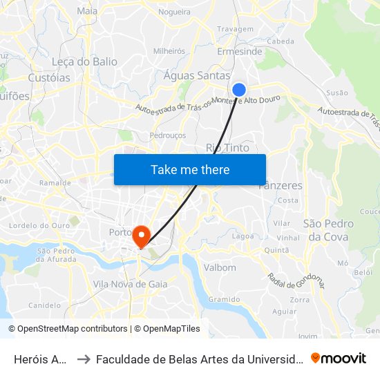 Heróis Angola to Faculdade de Belas Artes da Universidade do Porto map