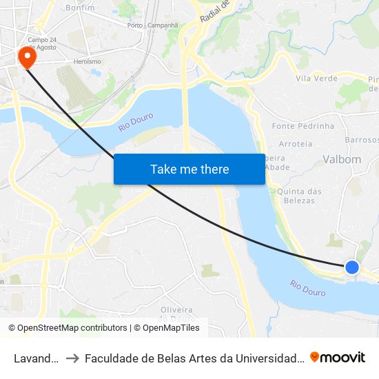 Lavandeira to Faculdade de Belas Artes da Universidade do Porto map