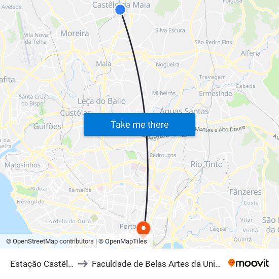 Estação Castêlo da Maia to Faculdade de Belas Artes da Universidade do Porto map