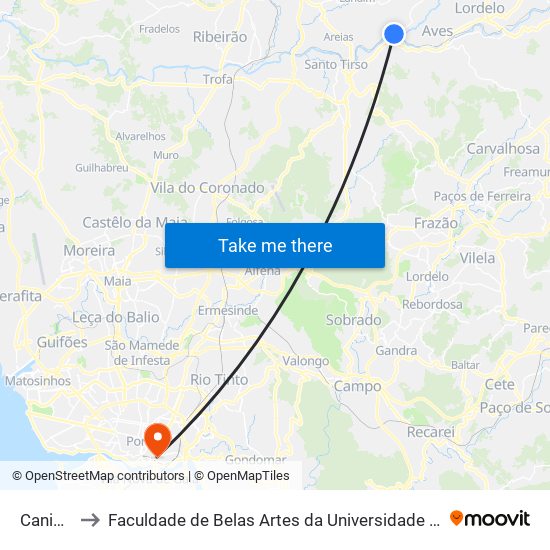 Caniços to Faculdade de Belas Artes da Universidade do Porto map