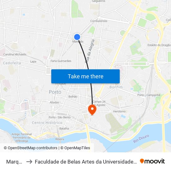 Marquês to Faculdade de Belas Artes da Universidade do Porto map