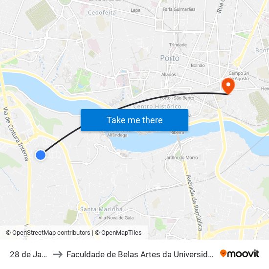 28 de Janeiro to Faculdade de Belas Artes da Universidade do Porto map