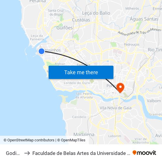 Godinho to Faculdade de Belas Artes da Universidade do Porto map