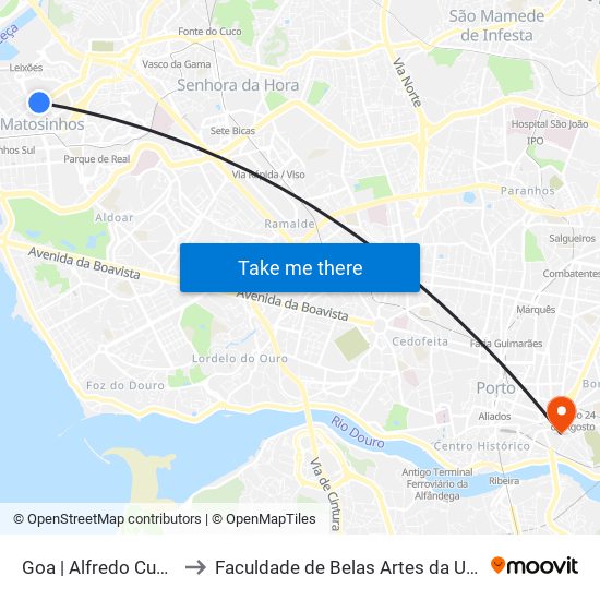 Goa |  Alfredo Cunha (Câmara) to Faculdade de Belas Artes da Universidade do Porto map