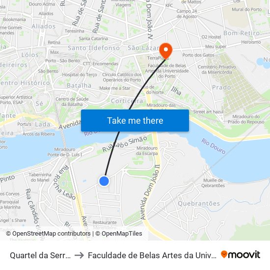 Quartel da Serra do Pilar to Faculdade de Belas Artes da Universidade do Porto map