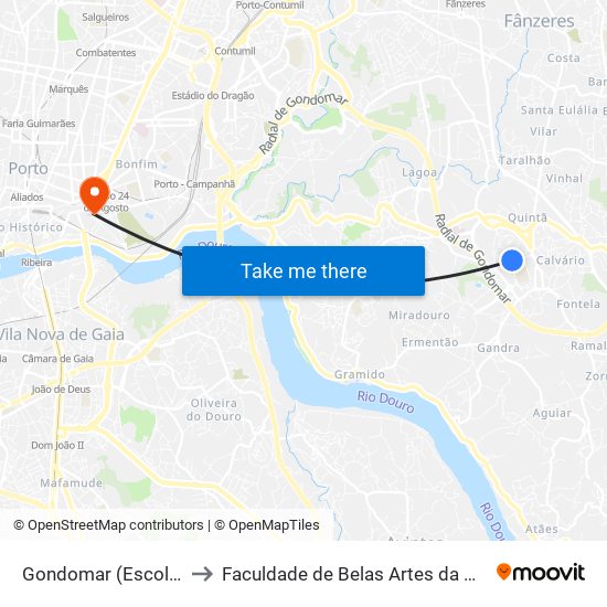 Gondomar (Escola Secundária) to Faculdade de Belas Artes da Universidade do Porto map