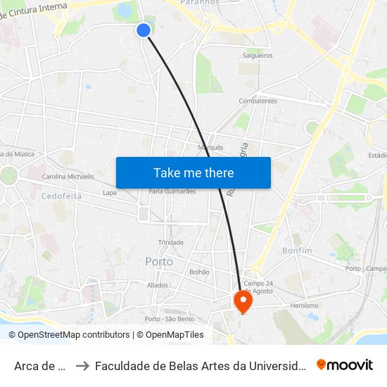 Arca de Água to Faculdade de Belas Artes da Universidade do Porto map