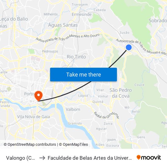 Valongo (Câmara) to Faculdade de Belas Artes da Universidade do Porto map