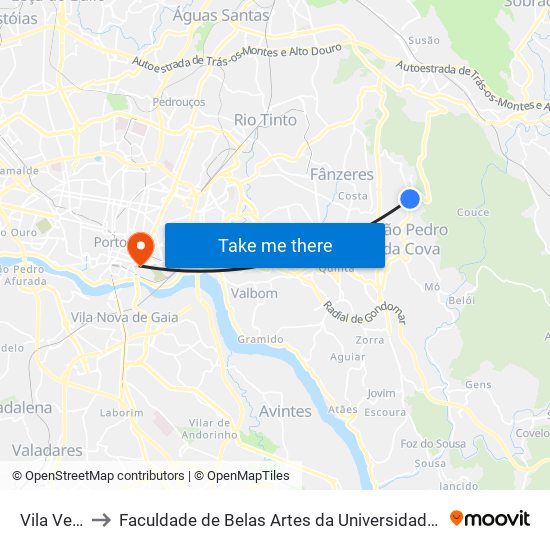Vila Verde to Faculdade de Belas Artes da Universidade do Porto map