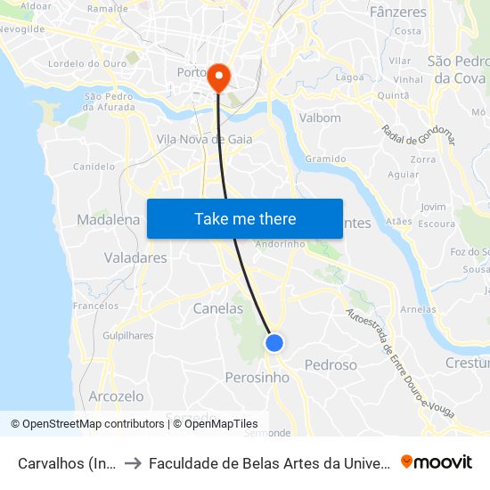 Carvalhos (Interface) to Faculdade de Belas Artes da Universidade do Porto map