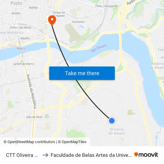 CTT Oliveira do Douro to Faculdade de Belas Artes da Universidade do Porto map
