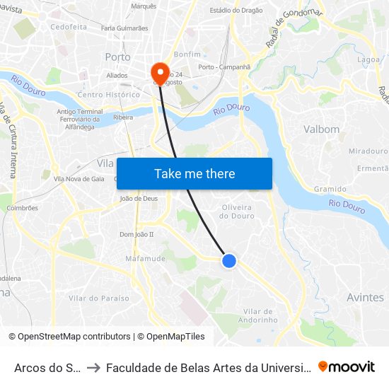 Arcos do Sardão to Faculdade de Belas Artes da Universidade do Porto map