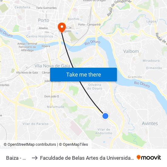 Baiza - Mariz to Faculdade de Belas Artes da Universidade do Porto map