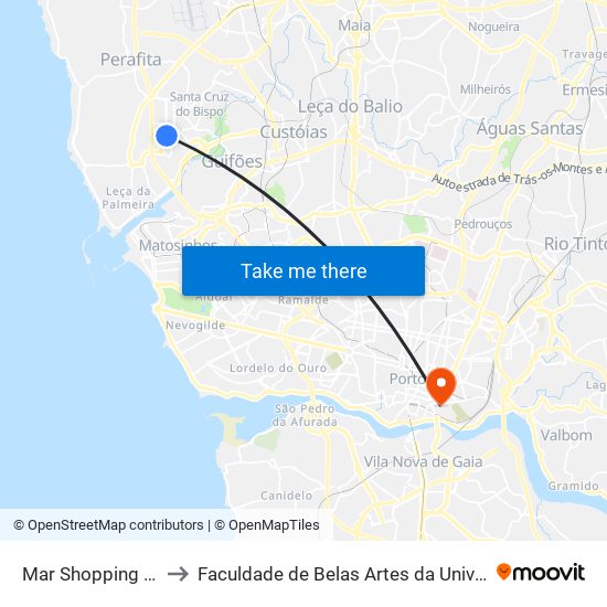 Mar Shopping Nascente to Faculdade de Belas Artes da Universidade do Porto map